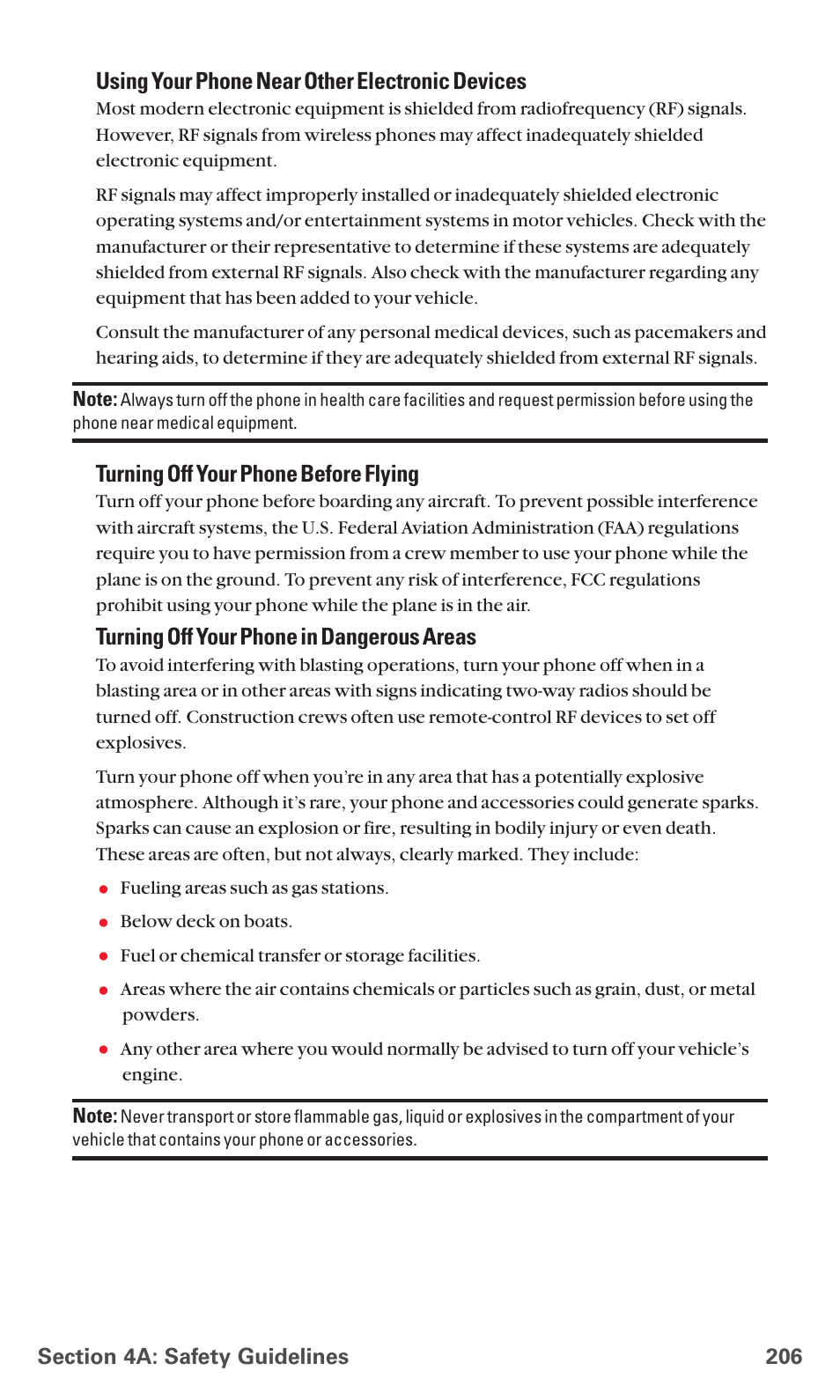 Using your phone near other electronic devices, Turning off your phone before flying, Turning off your phone in dangerous areas | Sanyo PCS VISION RL-4920 User Manual | Page 218 / 258