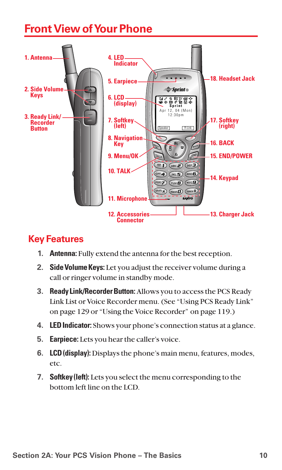 Front view of your phone, Key features | Sanyo PCS VISION RL-4920 User Manual | Page 22 / 258