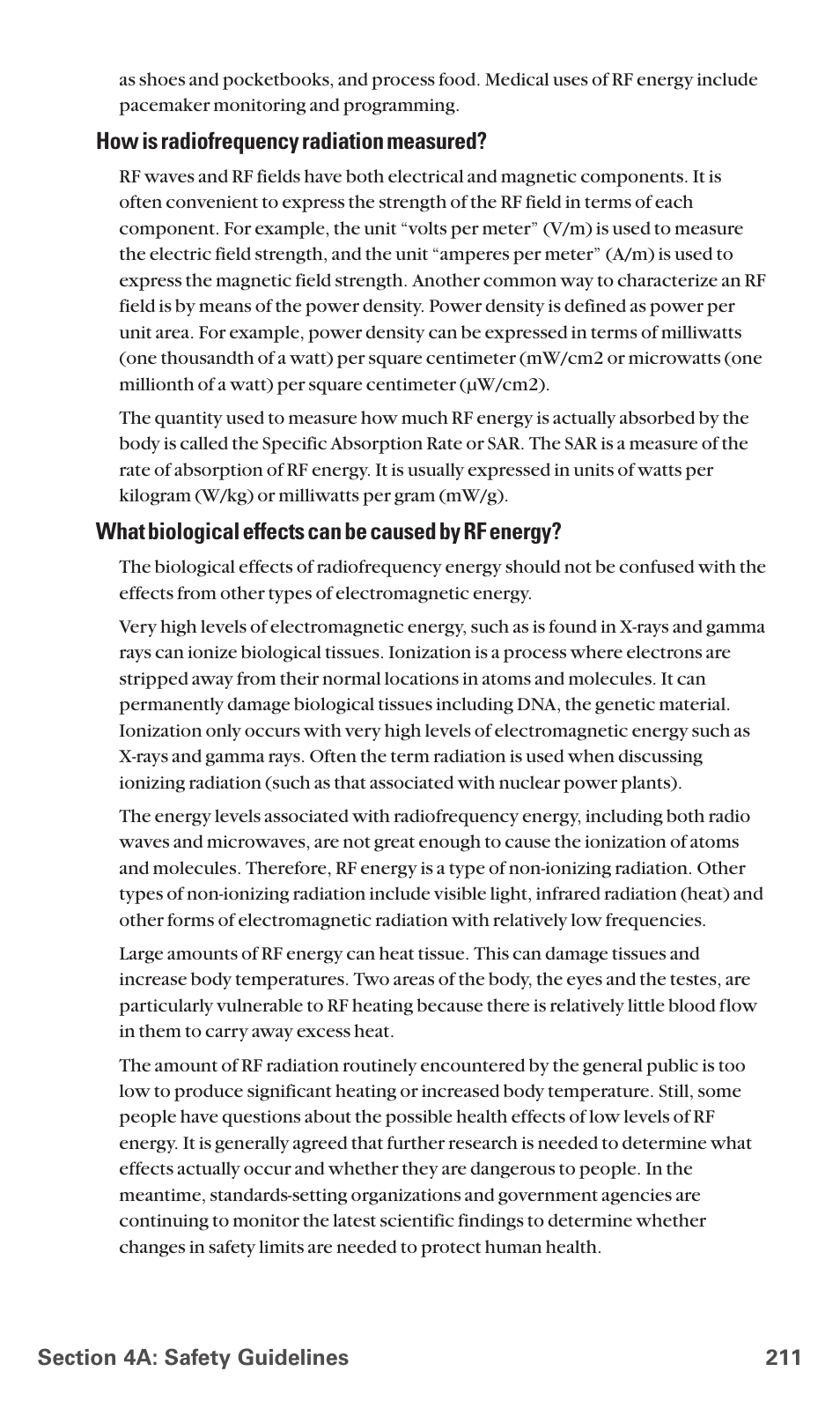 How is radiofrequency radiation measured, What biological effects can be caused by rf energy | Sanyo PCS VISION RL-4920 User Manual | Page 223 / 258