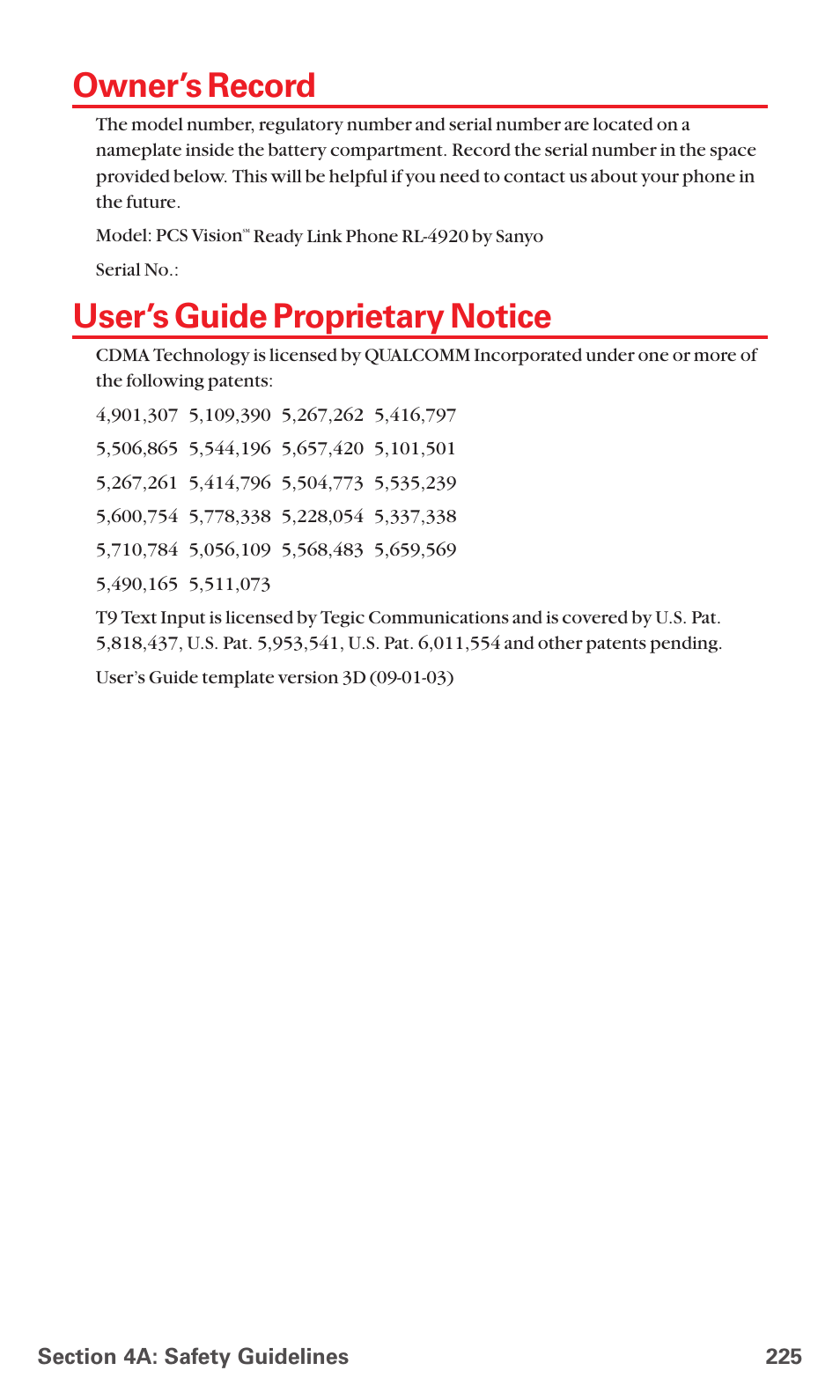 Owner’s record, User’s guide proprietary notice | Sanyo PCS VISION RL-4920 User Manual | Page 237 / 258