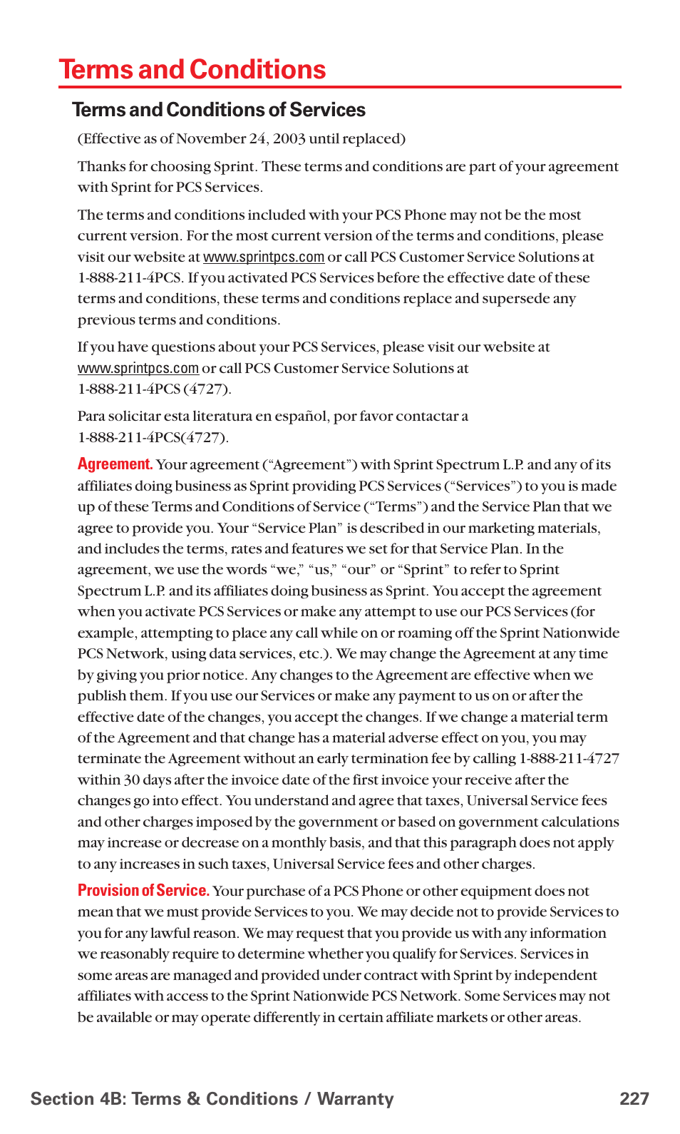 Terms and conditions, Terms and conditions of services | Sanyo PCS VISION RL-4920 User Manual | Page 239 / 258