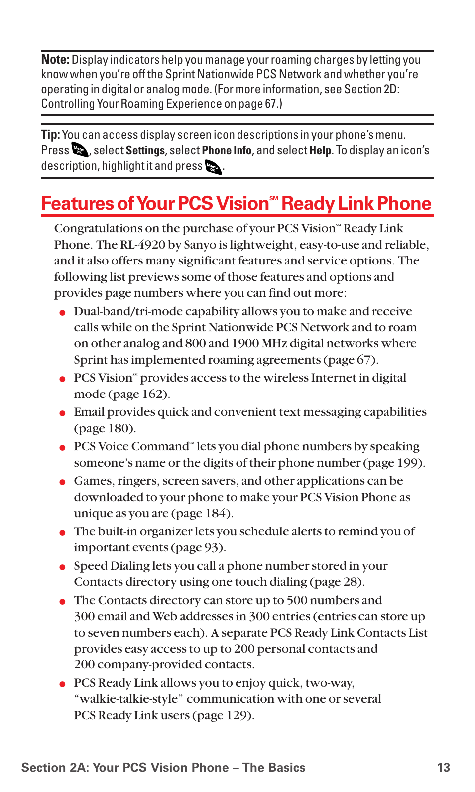 Features of your pcs vision, Ready link phone, Pcs vision | Pcs voice command | Sanyo PCS VISION RL-4920 User Manual | Page 25 / 258