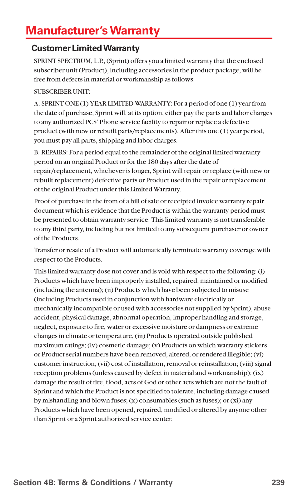 Manufacturer’s warranty, Customer limited warranty | Sanyo PCS VISION RL-4920 User Manual | Page 251 / 258