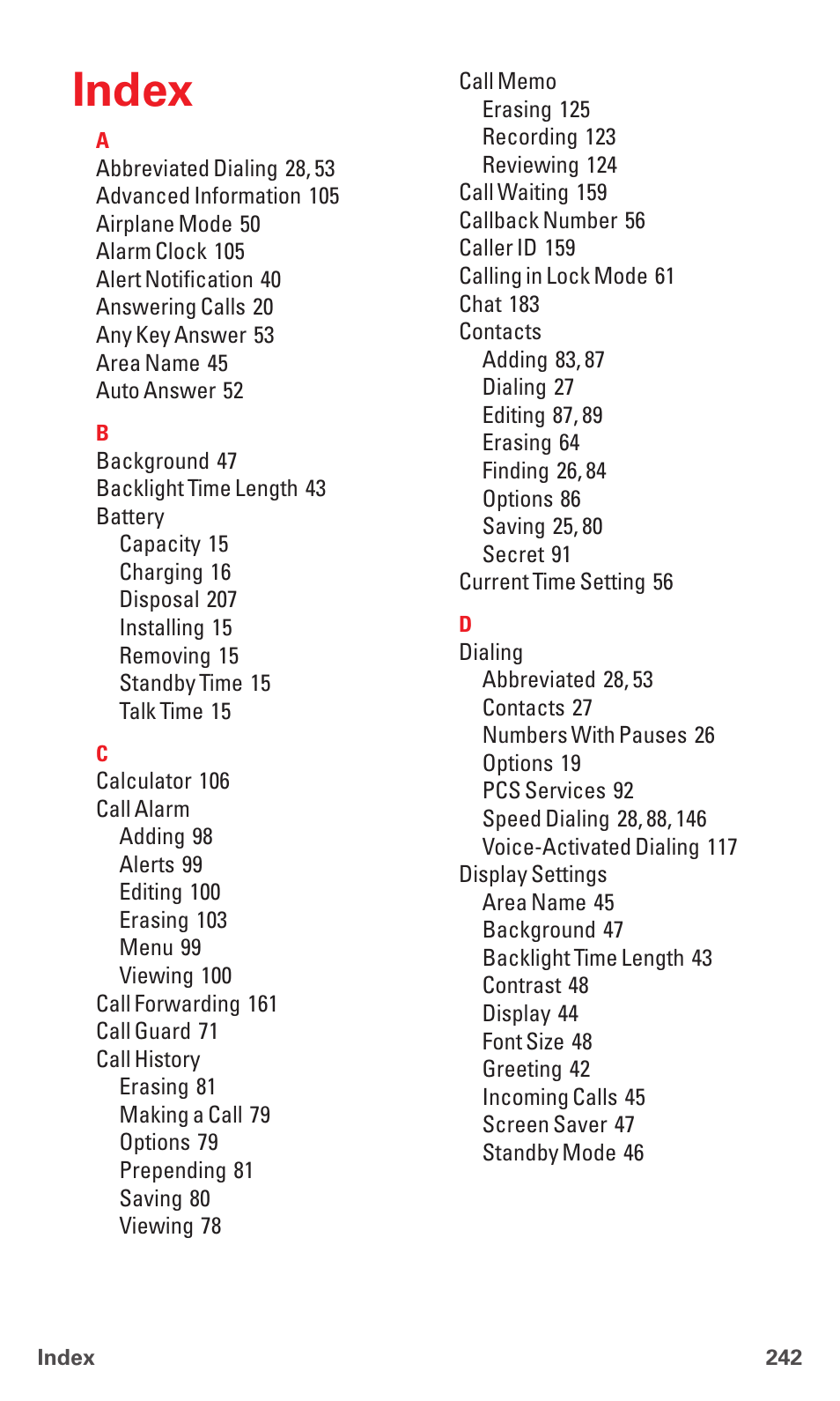 Index | Sanyo PCS VISION RL-4920 User Manual | Page 254 / 258
