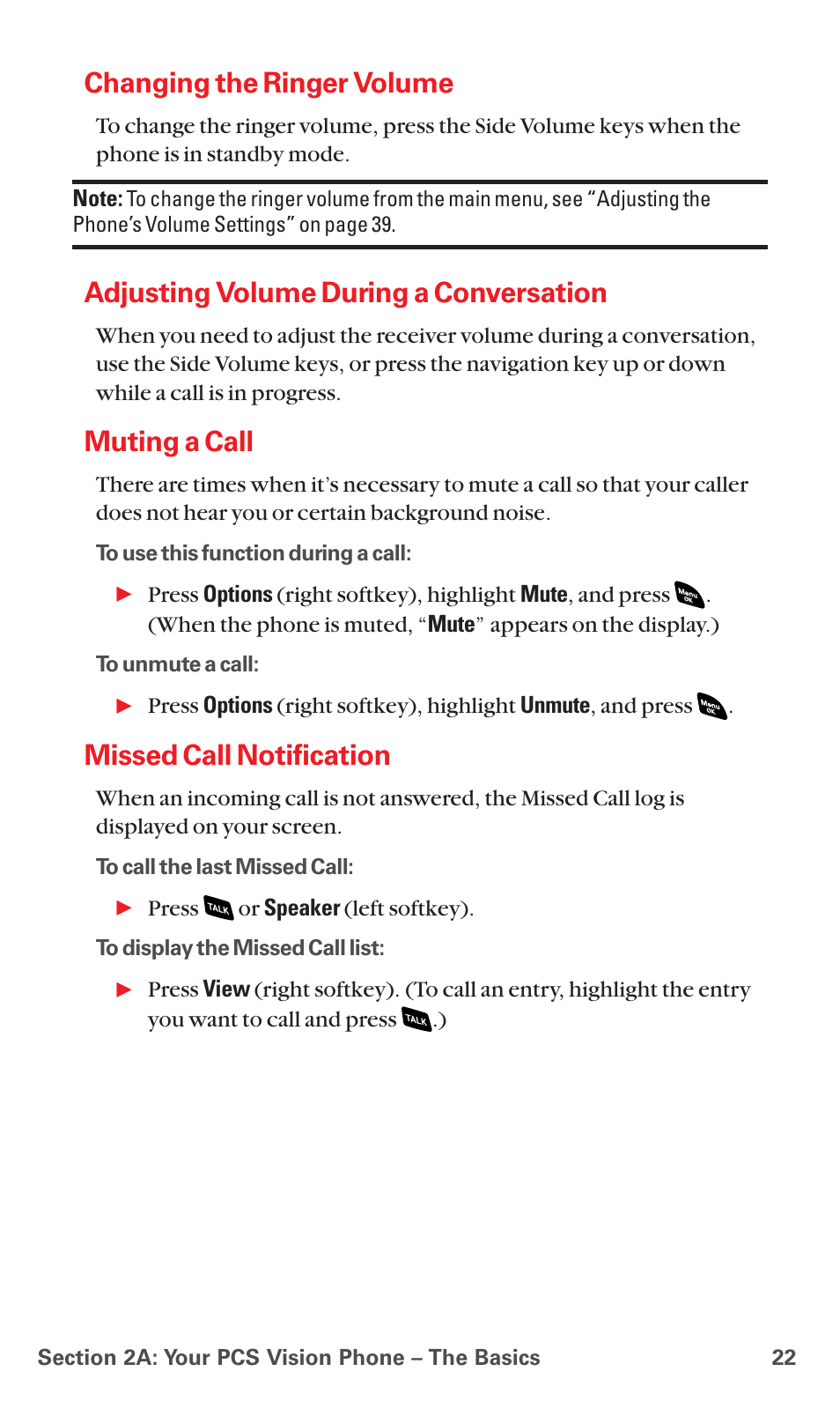 Changing the ringer volume, Adjusting volume during a conversation, Muting a call | Missed call notification | Sanyo PCS VISION RL-4920 User Manual | Page 34 / 258