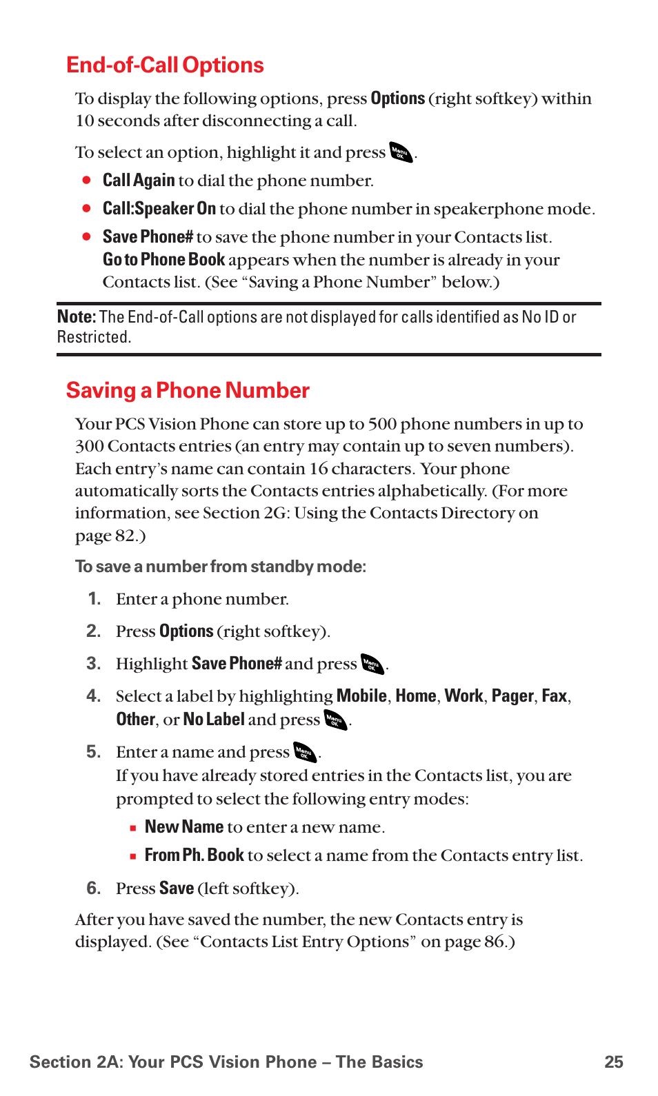 End-of-call options, Saving a phone number | Sanyo PCS VISION RL-4920 User Manual | Page 37 / 258