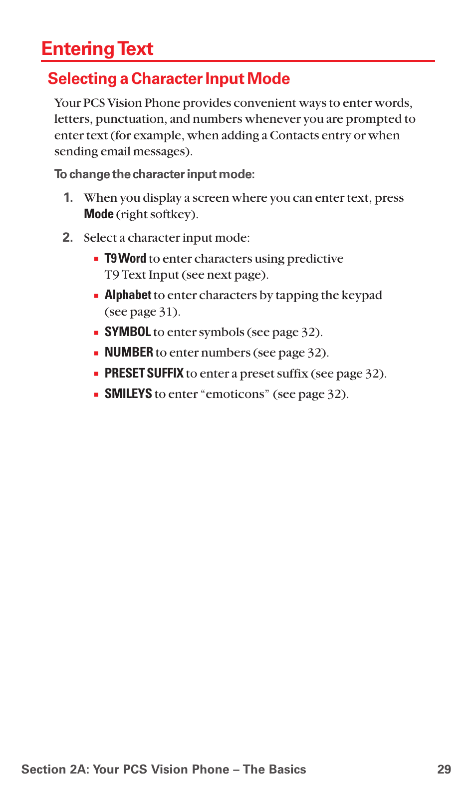 Entering text, Selecting a character input mode | Sanyo PCS VISION RL-4920 User Manual | Page 41 / 258