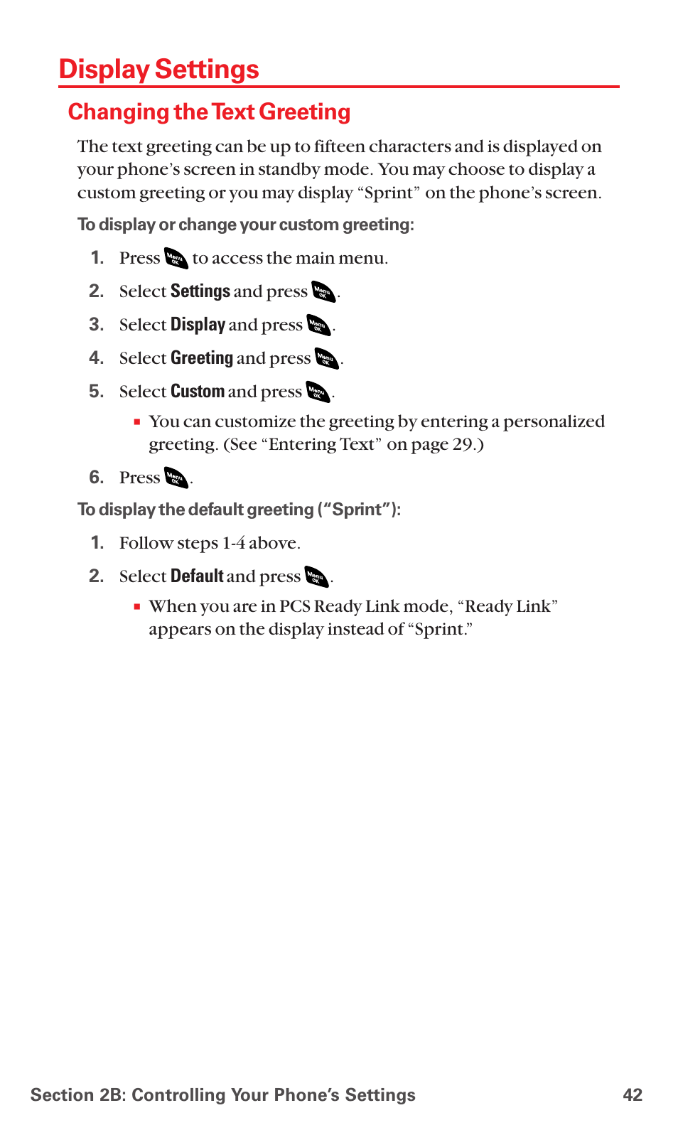 Display settings, Changing the text greeting | Sanyo PCS VISION RL-4920 User Manual | Page 54 / 258