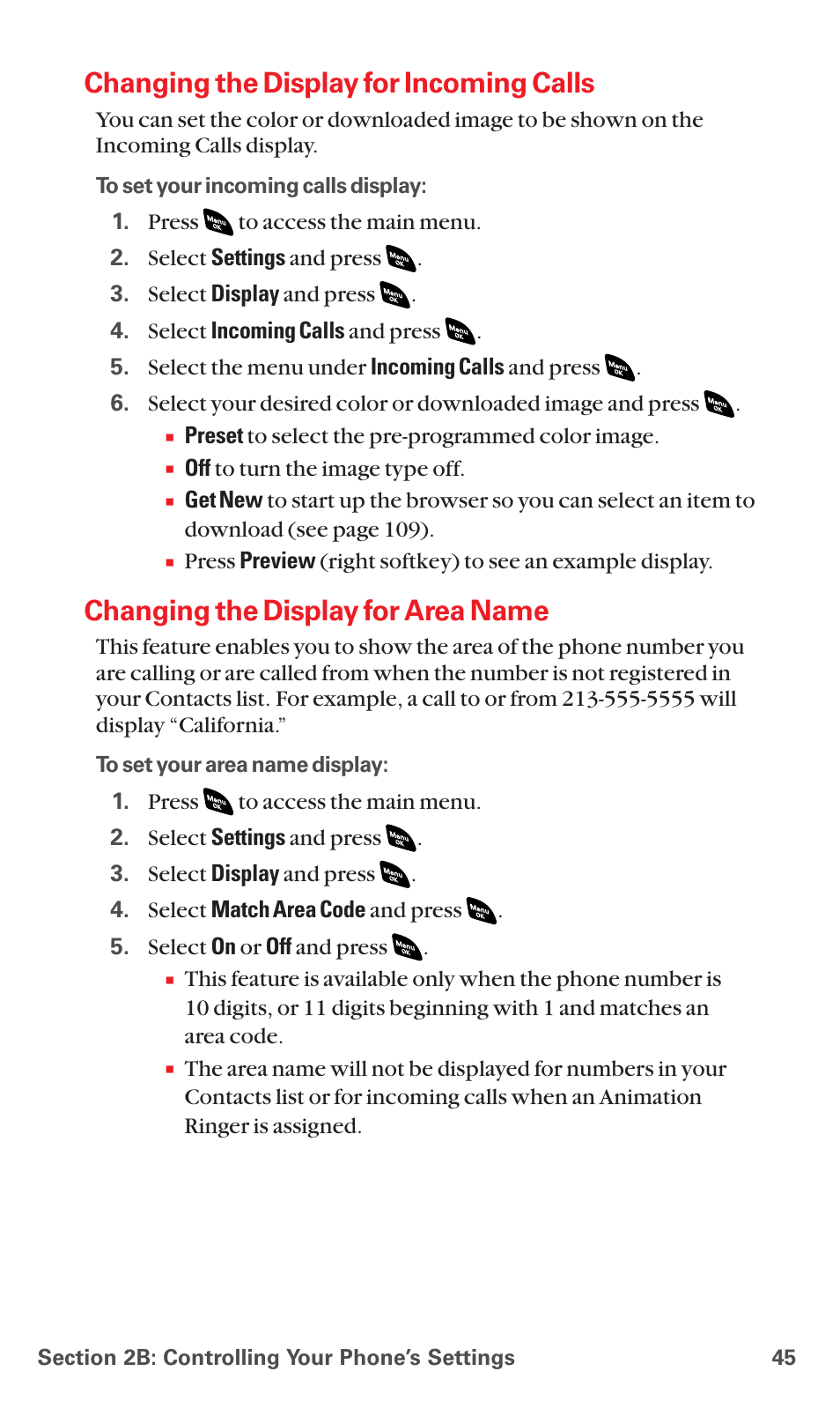 Changing the display for incoming calls, Changing the display for area name | Sanyo PCS VISION RL-4920 User Manual | Page 57 / 258