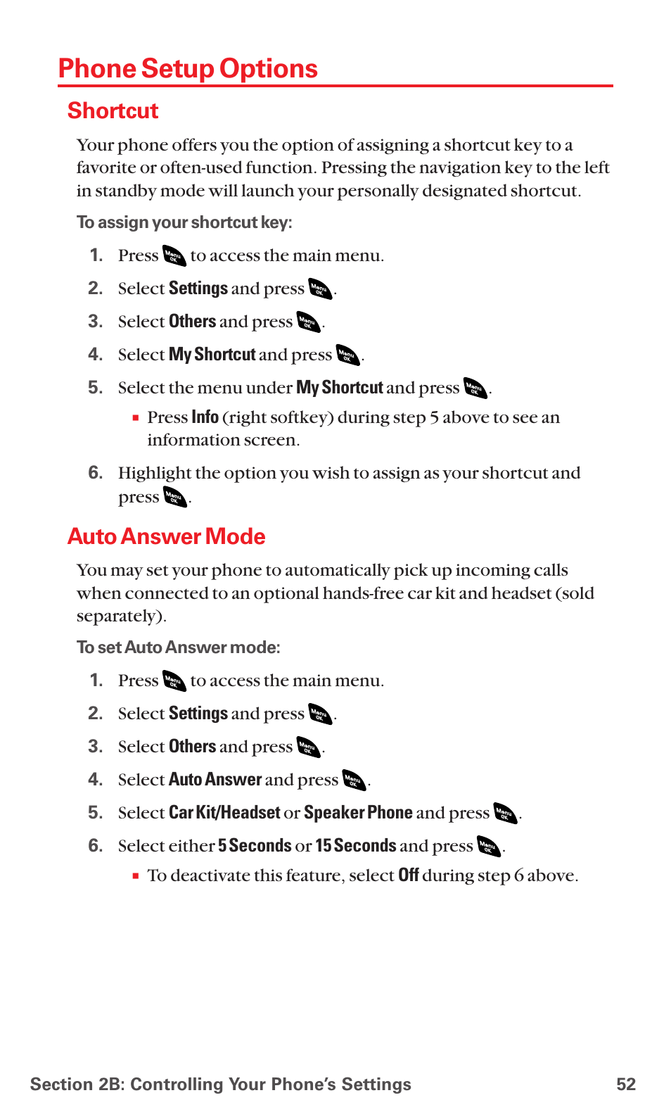 Phone setup options, Shortcut, Auto answer mode | Sanyo PCS VISION RL-4920 User Manual | Page 64 / 258