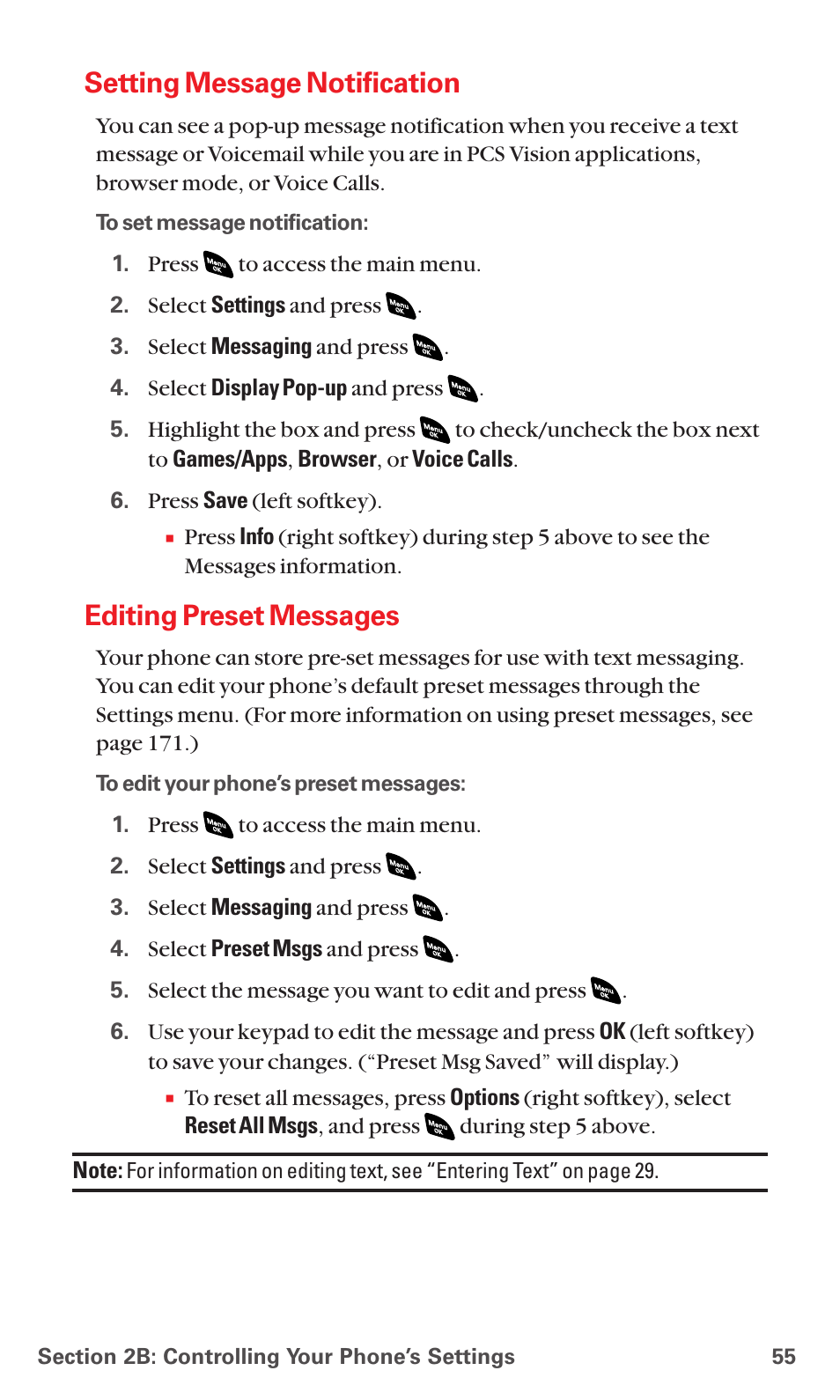 Setting message notification, Editing preset messages | Sanyo PCS VISION RL-4920 User Manual | Page 67 / 258