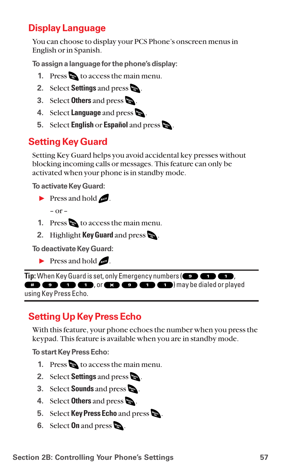 Display language, Setting key guard, Setting up key press echo | Sanyo PCS VISION RL-4920 User Manual | Page 69 / 258