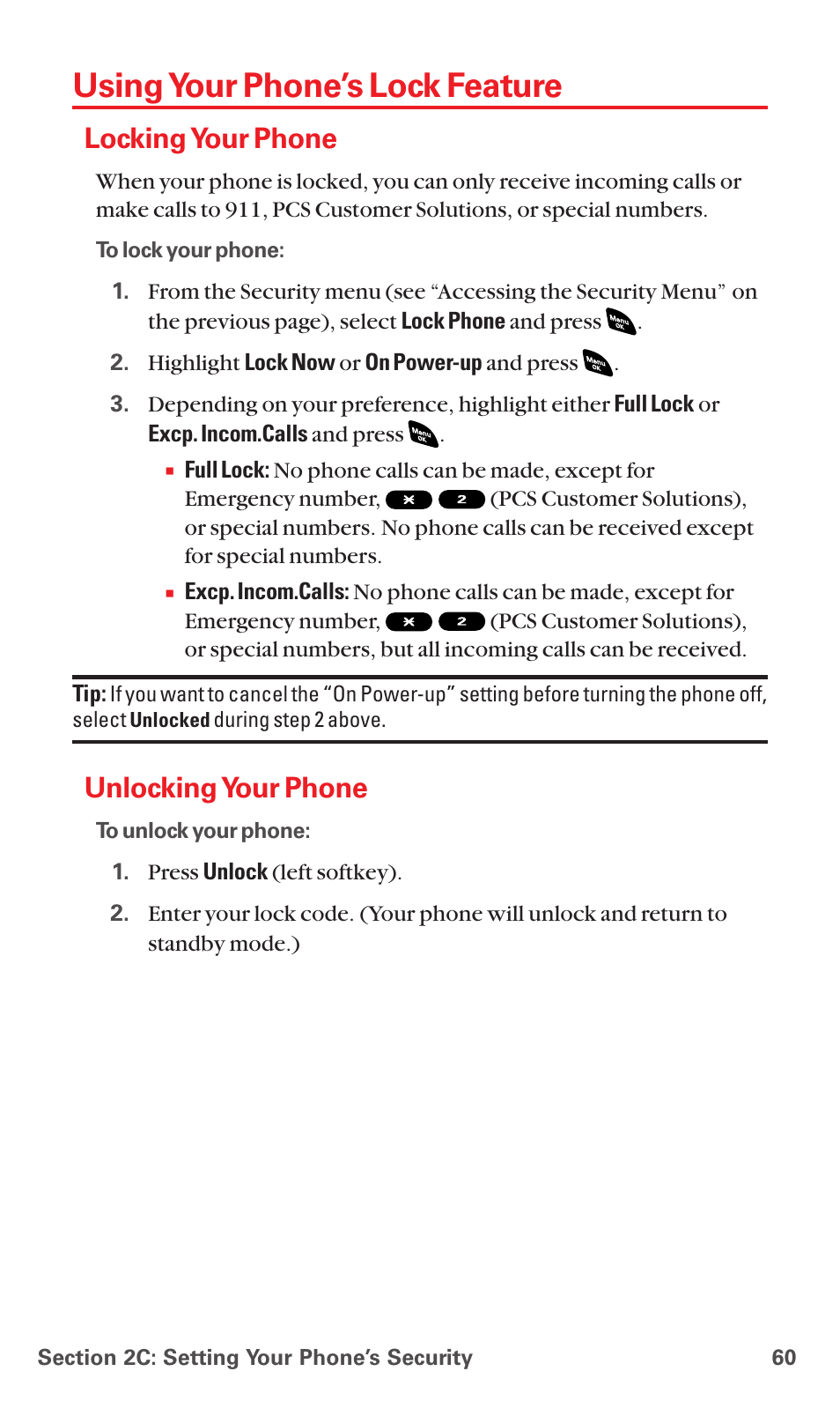 Using your phone’s lock feature, Locking your phone, Unlocking your phone | Sanyo PCS VISION RL-4920 User Manual | Page 72 / 258