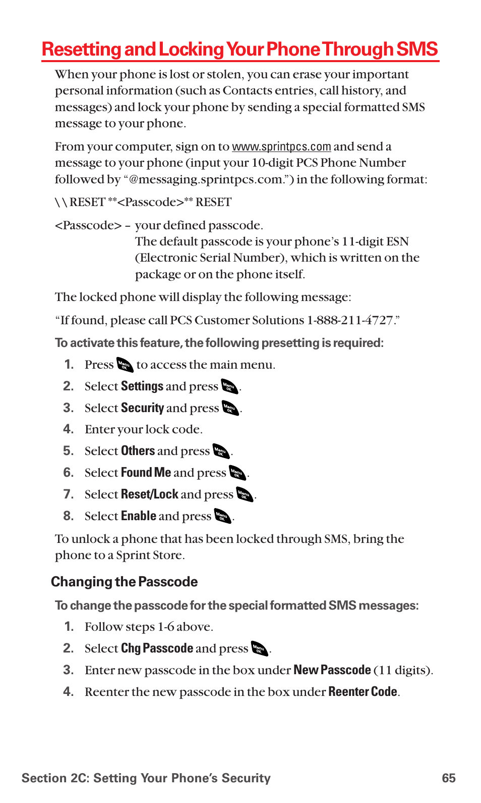 Resetting and locking your phone through sms | Sanyo PCS VISION RL-4920 User Manual | Page 77 / 258