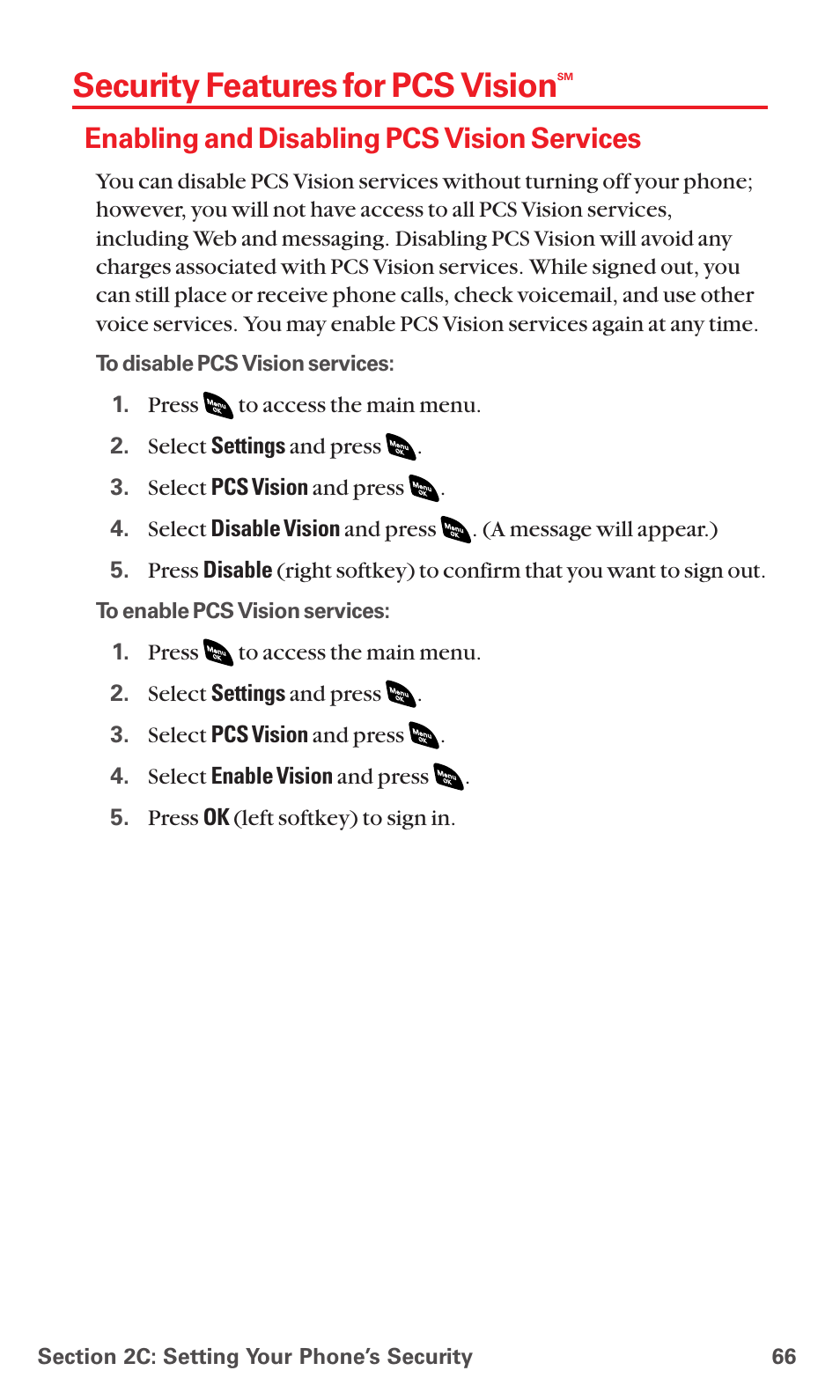 Security features for pcs vision, Enabling and disabling pcs vision services | Sanyo PCS VISION RL-4920 User Manual | Page 78 / 258