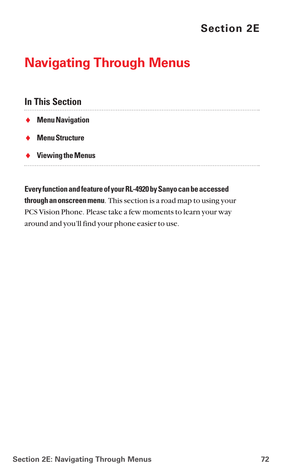 2e. navigating through menus, Navigating through menus | Sanyo PCS VISION RL-4920 User Manual | Page 84 / 258