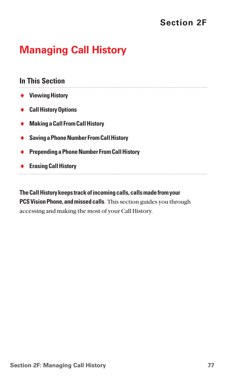 2f. managing call history, Managing call history | Sanyo PCS VISION RL-4920 User Manual | Page 89 / 258