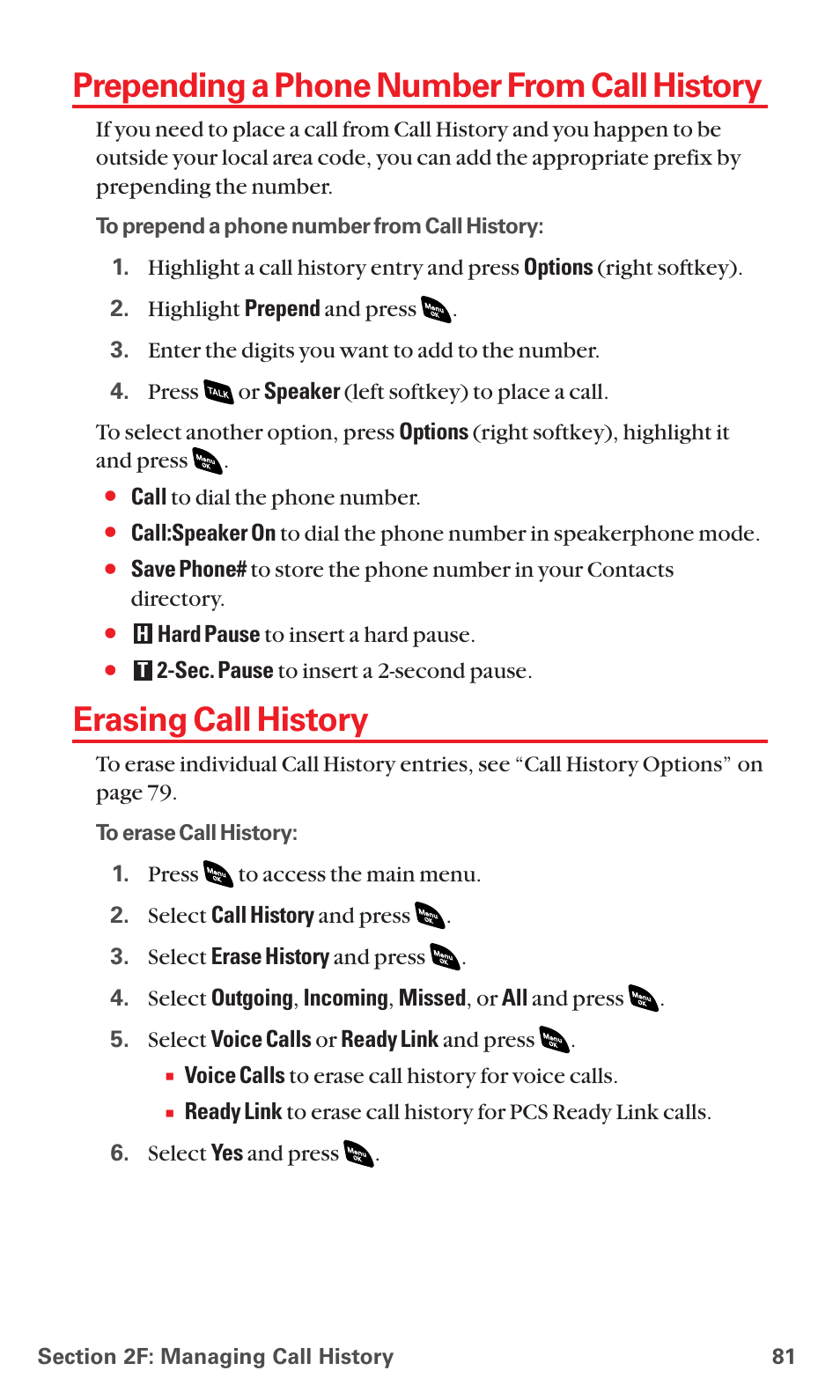 Prepending a phone number from call history, Erasing call history | Sanyo PCS VISION RL-4920 User Manual | Page 93 / 258