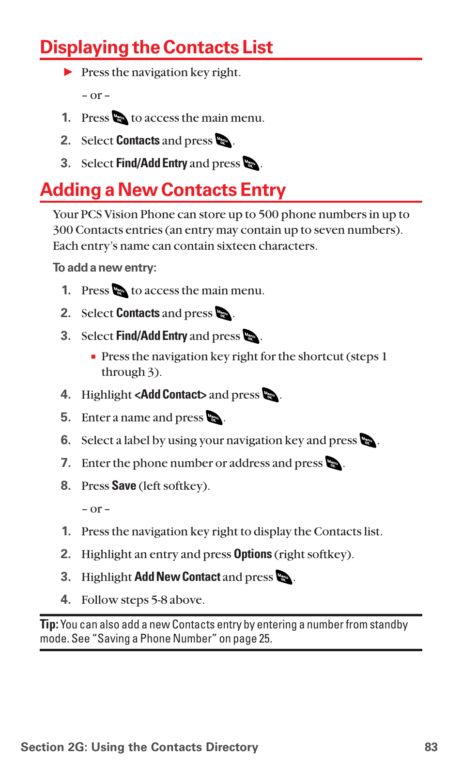 Displaying the contacts list, Adding a new contacts entry | Sanyo PCS VISION RL-4920 User Manual | Page 95 / 258