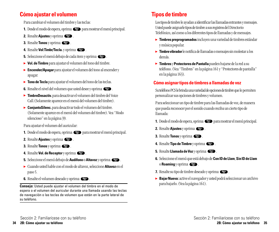 Tipos de timbre, Cómo ajustar el volumen | Sanyo SCP 4900 User Manual | Page 124 / 202