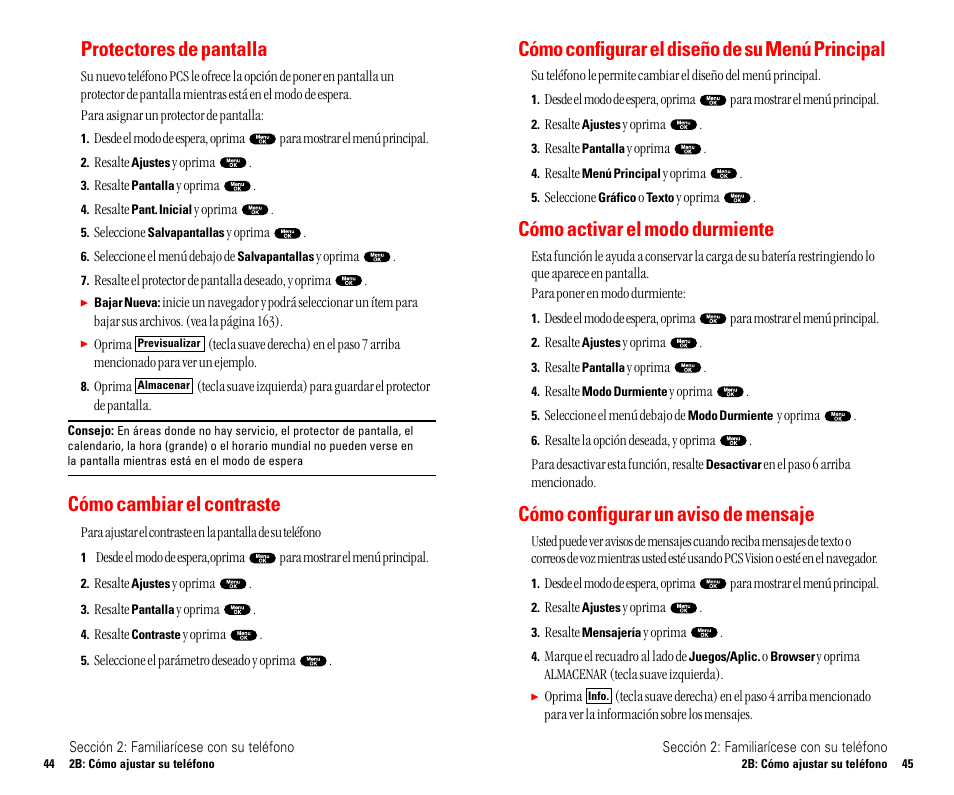 Cómo configurar el diseño de su menú principal, Cómo activar el modo durmiente, Cómo configurar un aviso de mensaje | Protectores de pantalla, Cómo cambiar el contraste | Sanyo SCP 4900 User Manual | Page 129 / 202