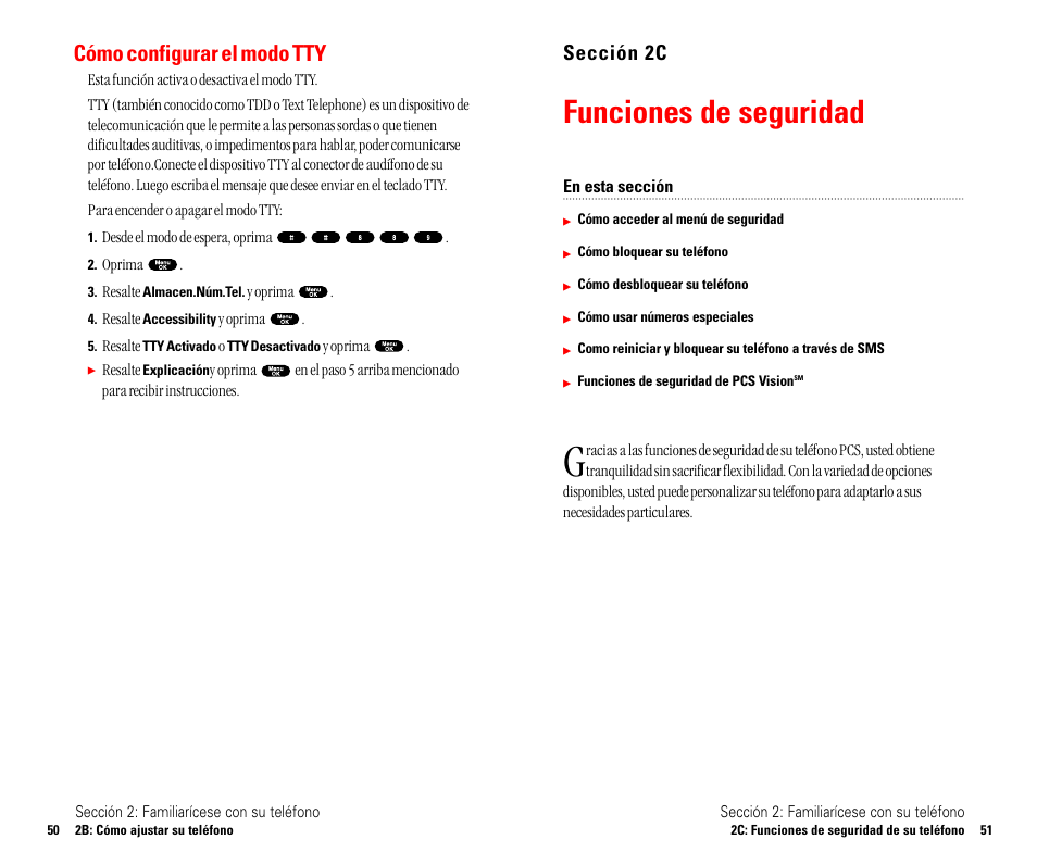 Funciones de seguridad, Cómo configurar el modo tty, Sección 2c | Sanyo SCP 4900 User Manual | Page 132 / 202