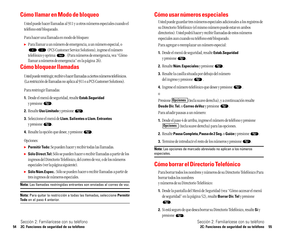 De llamadas, Cómo usar números especiales, Cómo borrar el directorio telefónico | Cómo llamar en modo de bloqueo, Cómo bloquear llamadas | Sanyo SCP 4900 User Manual | Page 134 / 202