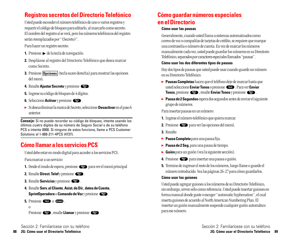 Registros secretos del directorio telefónico, Cómo llamar a los servicios pcs, Cómo guardar números especiales en el directorio | Sanyo SCP 4900 User Manual | Page 151 / 202