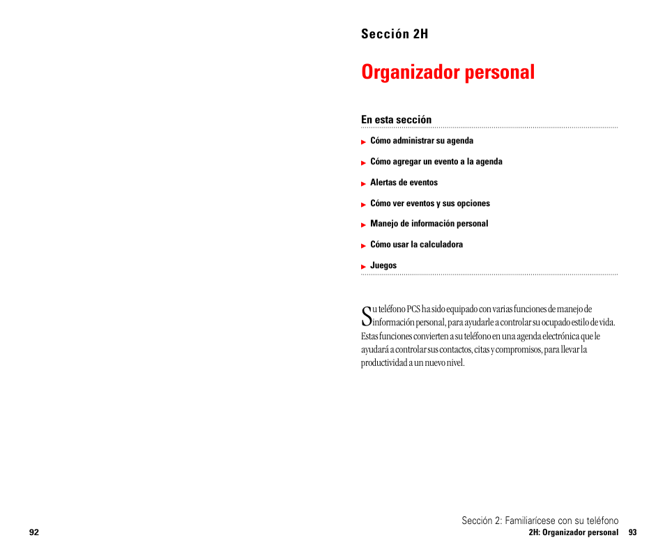 Mensajes, Pcs updates, Net guard | De mensajes, Mensajes pcs, Servicio pcs updates, Organizador personal, Sección 2h | Sanyo SCP 4900 User Manual | Page 153 / 202
