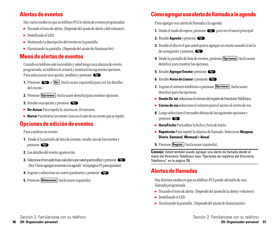 Correo electrónico pcs, Electrónico, De correo electrónico pcs | Alertas de eventos, Menú de alertas de eventos, Opciones de edición de eventos, Cómo agregar una alerta de llamada a la agenda, Alertas de llamadas | Sanyo SCP 4900 User Manual | Page 155 / 202