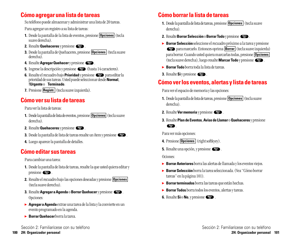 Cómo borrar la lista de tareas, Cómo ver los eventos, alertas y lista de tareas, Cómo agregar una lista de tareas | Cómo ver su lista de tareas, Cómo editar sus tareas | Sanyo SCP 4900 User Manual | Page 157 / 202