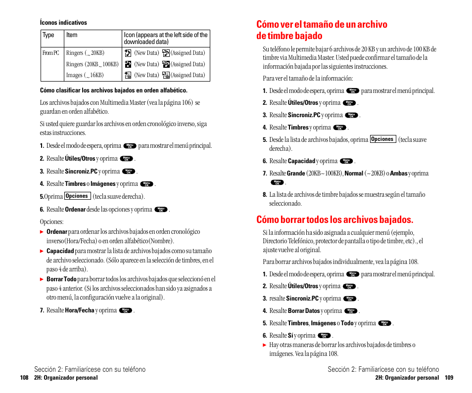 Pcs voice command, Cómo ver el tamaño de un archivo de timbre bajado, Cómo borrar todos los archivos bajados | Sanyo SCP 4900 User Manual | Page 161 / 202