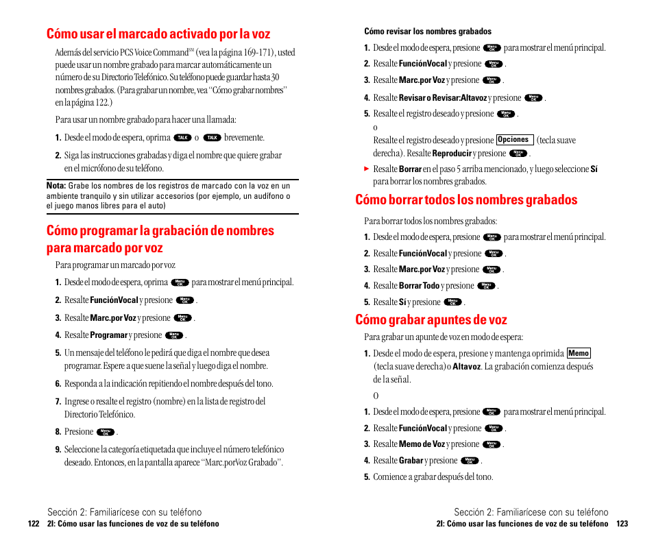 Cómo borrar todos los nombres grabados, Cómo grabar apuntes de voz, Cómo usar el marcado activado por la voz | Sanyo SCP 4900 User Manual | Page 168 / 202