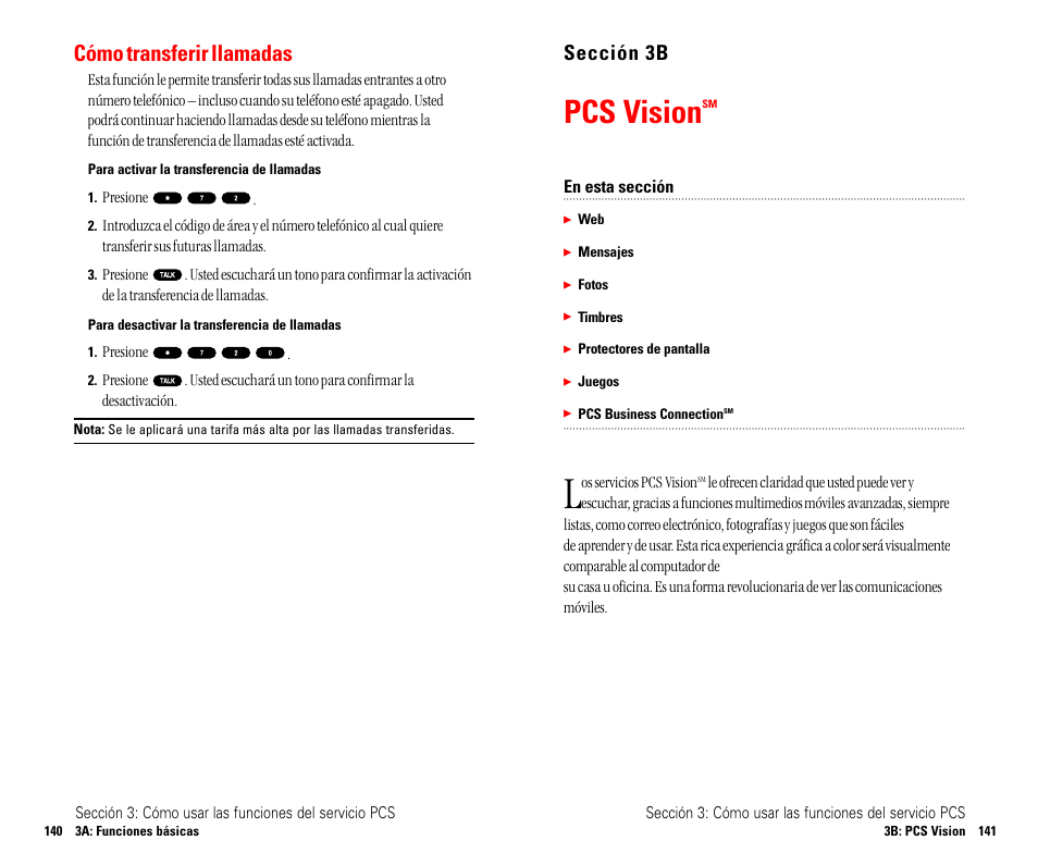 Pcs vision, Cómo transferir llamadas, Sección 3b | Sanyo SCP 4900 User Manual | Page 177 / 202