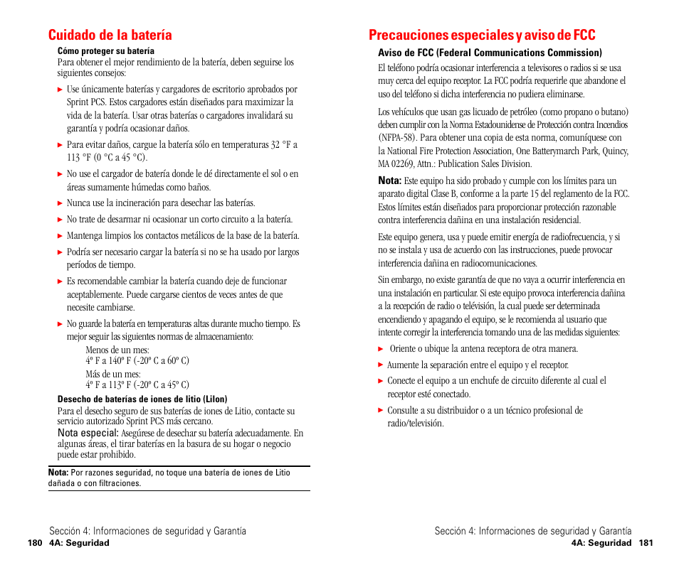 Precauciones especiales y aviso de fcc, Cuidado de la batería | Sanyo SCP 4900 User Manual | Page 197 / 202
