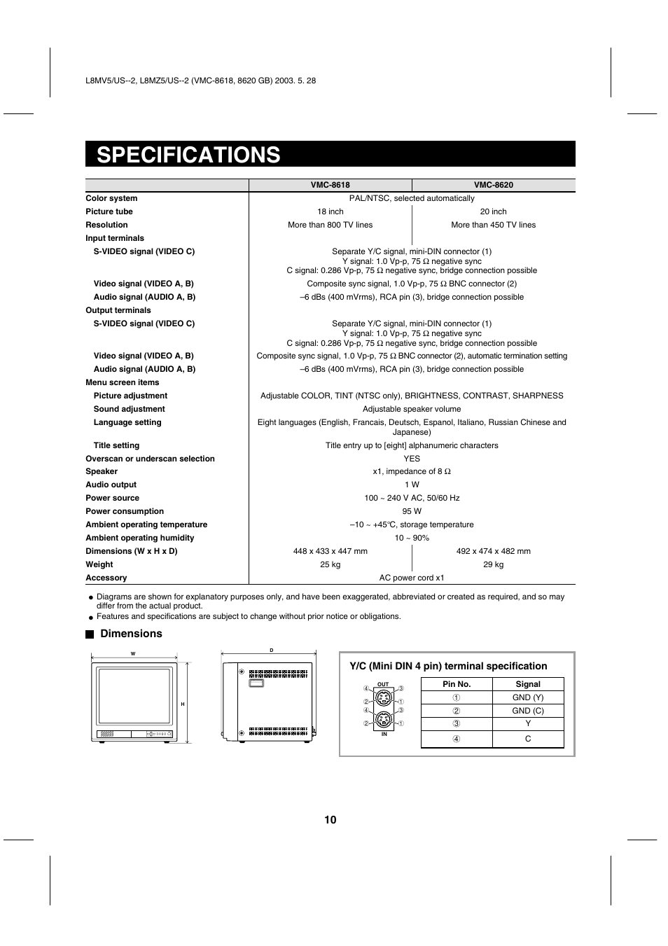 Specifications, Dimensions | Sanyo VMC-8620 User Manual | Page 11 / 12