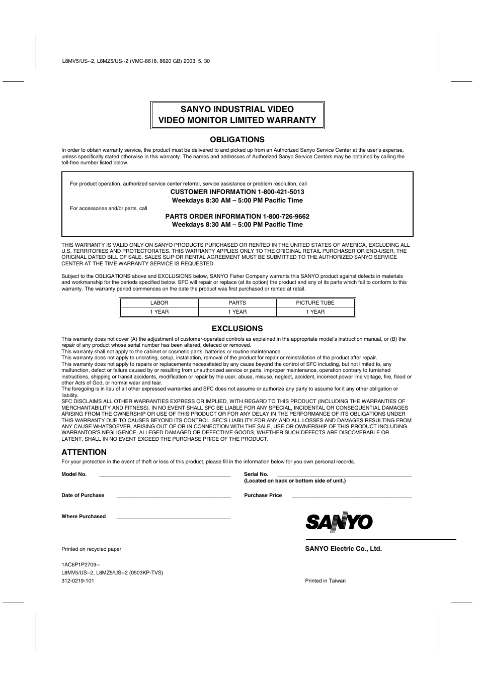 Obligations, Exclusions, Attention | Sanyo VMC-8620 User Manual | Page 12 / 12