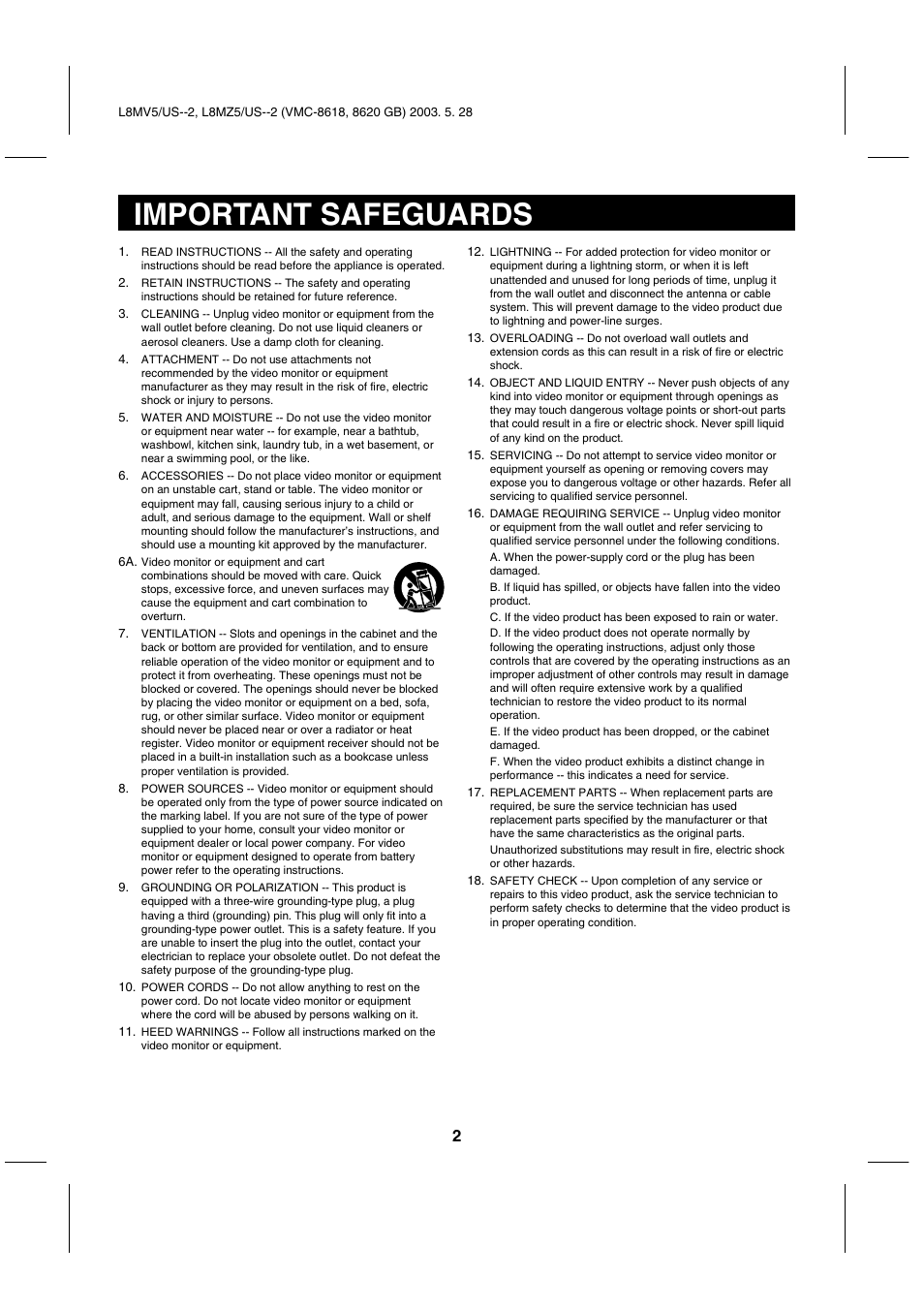 Important safeguards | Sanyo VMC-8620 User Manual | Page 3 / 12