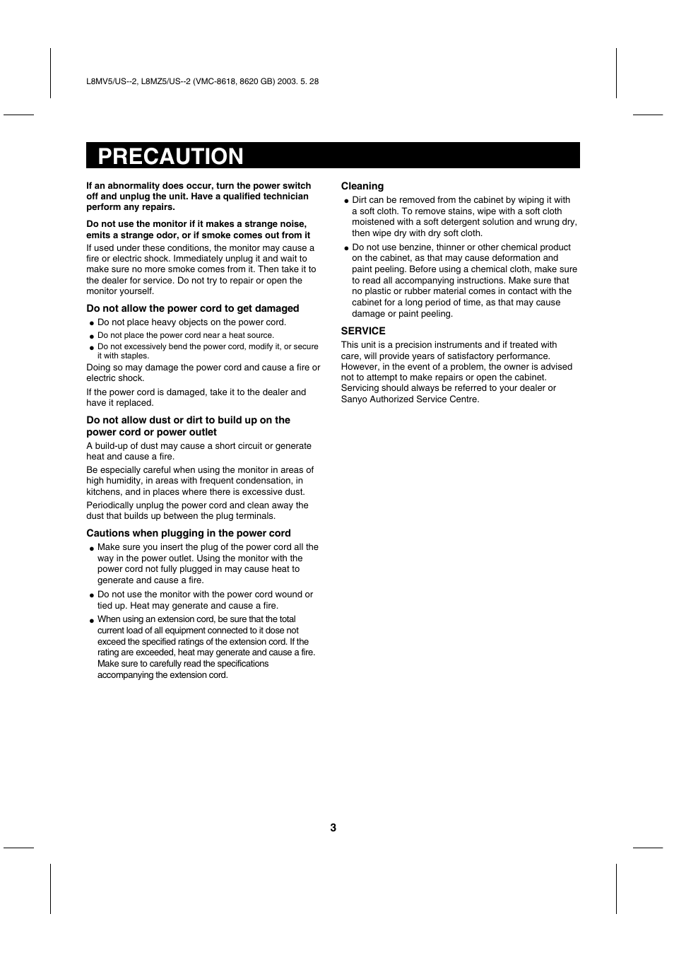 Precaution | Sanyo VMC-8620 User Manual | Page 4 / 12