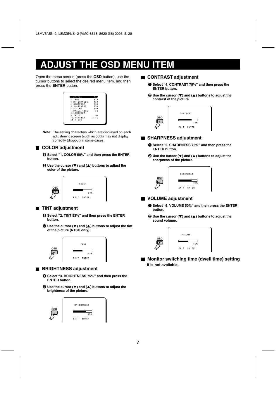 Adjust the osd menu item | Sanyo VMC-8620 User Manual | Page 8 / 12