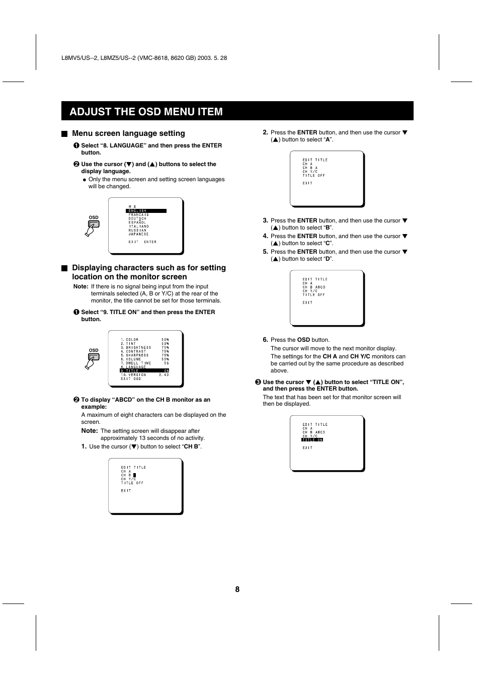 Adjust the osd menu item | Sanyo VMC-8620 User Manual | Page 9 / 12