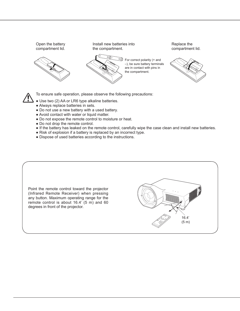 Remote control battery installation, Operating range, Part names and functions | Sanyo PLC-WXE45 User Manual | Page 12 / 71