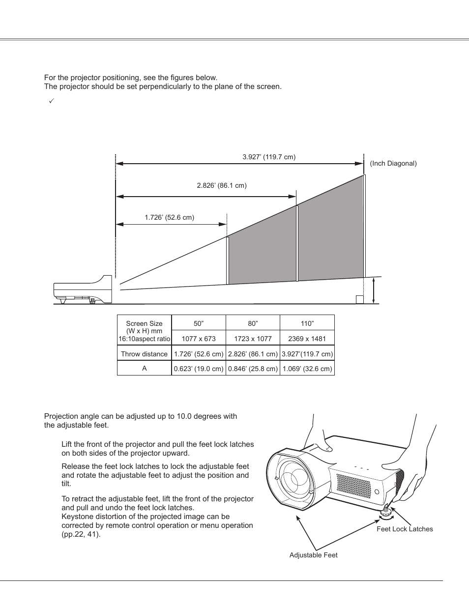 Installation, Positioning the projector, Adjustable feet | Installation 1, Adjustable feet positionin� the projector | Sanyo PLC-WXE45 User Manual | Page 13 / 71