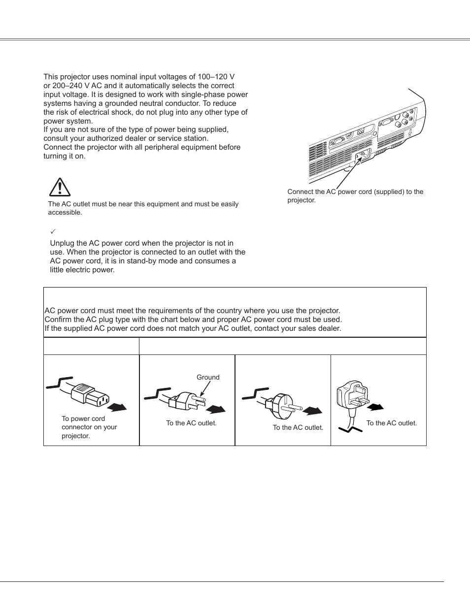 Connecting the ac power cord, Connectin� the ac power cord, Installation | Sanyo PLC-WXE45 User Manual | Page 17 / 71