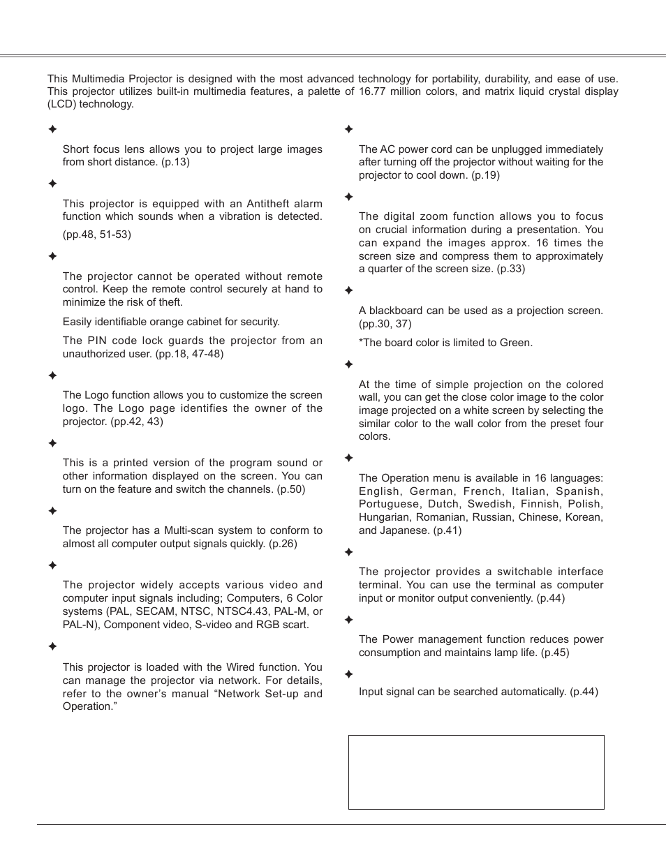 Features and design, Features and desi�n | Sanyo PLC-WXE45 User Manual | Page 2 / 71