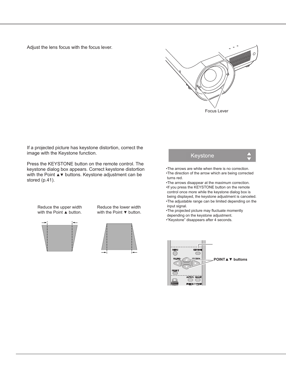 Focus adjustment, Keystone correction, Basic operation | Sanyo PLC-WXE45 User Manual | Page 22 / 71