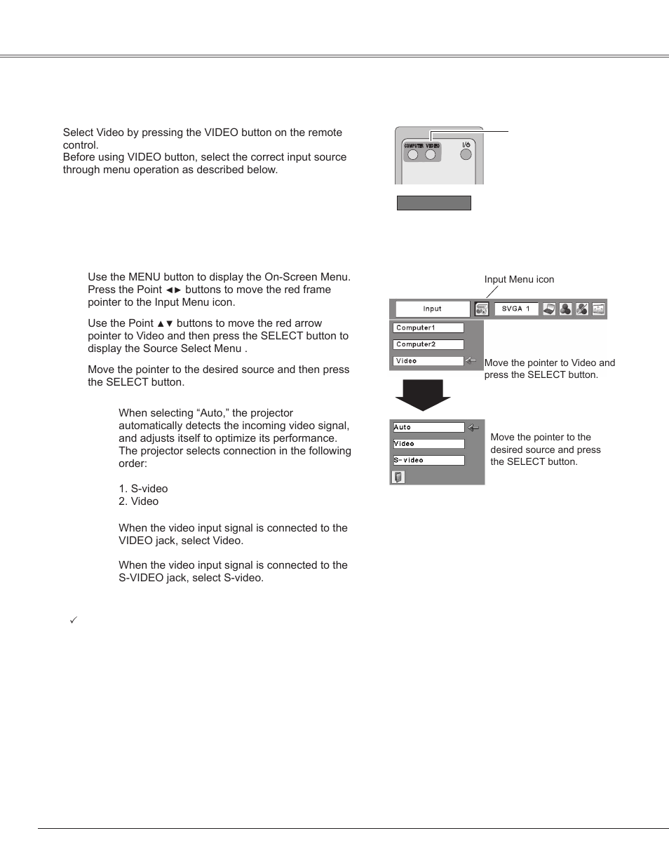 Video input, Input source selection (video, s-video), 4 video input | Sanyo PLC-WXE45 User Manual | Page 34 / 71