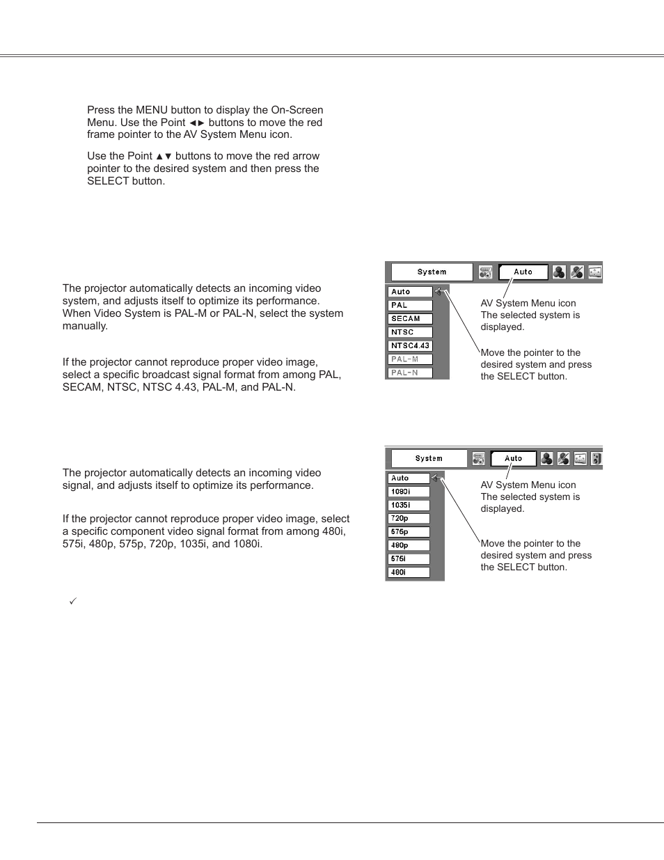 Video system selection, Video input | Sanyo PLC-WXE45 User Manual | Page 36 / 71