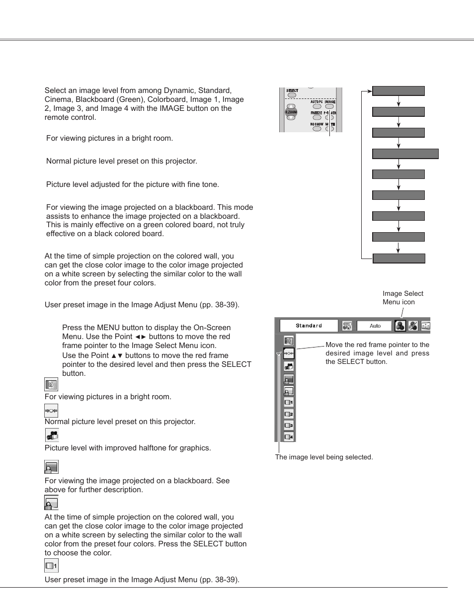 Image level selection, Ima�e level selection, Video input | Sanyo PLC-WXE45 User Manual | Page 37 / 71
