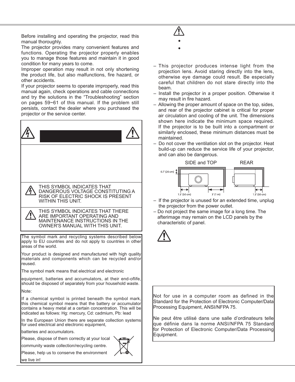 To the owner | Sanyo PLC-WXE45 User Manual | Page 4 / 71